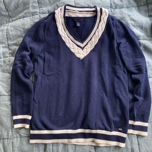 Tommy hilfiger navy sweater white v neck preppy L 100 cotton